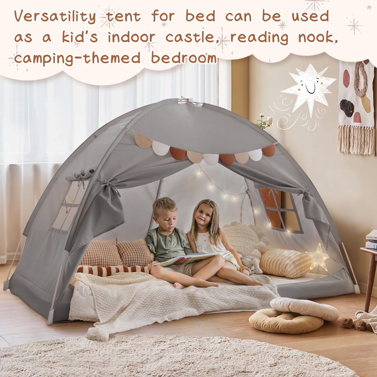 Sherilyn Bed Tent floor-use provides versatile setup for floor beds and camp-themed rooms