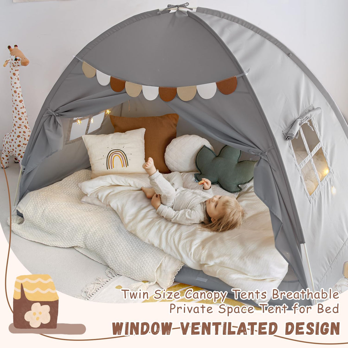 Sherilyn Bed Tent pennant banners decorate a playful room for birthdays or playtime
