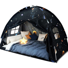 Sherilyn Galaxy Tent setup on a twin bed to create a cozy sleep and play nook.