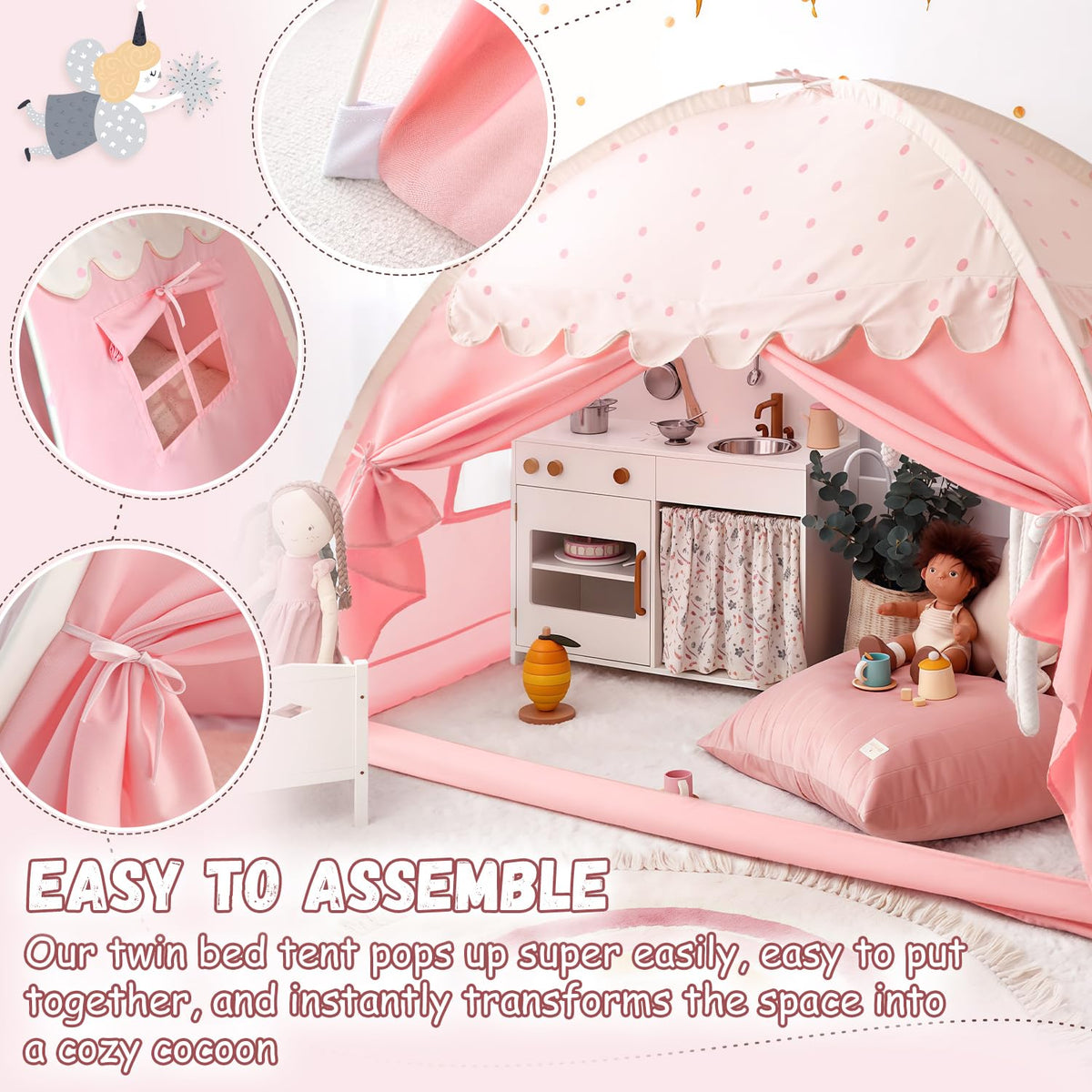 Sherilyn pink polka dot fabric brightens rooms and invites reading corners.