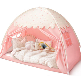 Sherilyn twin bed canopy setup in pink polka dot for private bedtime and imaginative play.