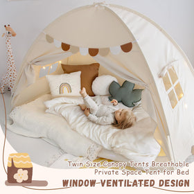 Sherilyn canopy tent on floor and bed demonstrates versatile setup.