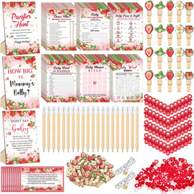 Sherr strawberry baby shower games collection image showing six activity sets for lively guest fun.