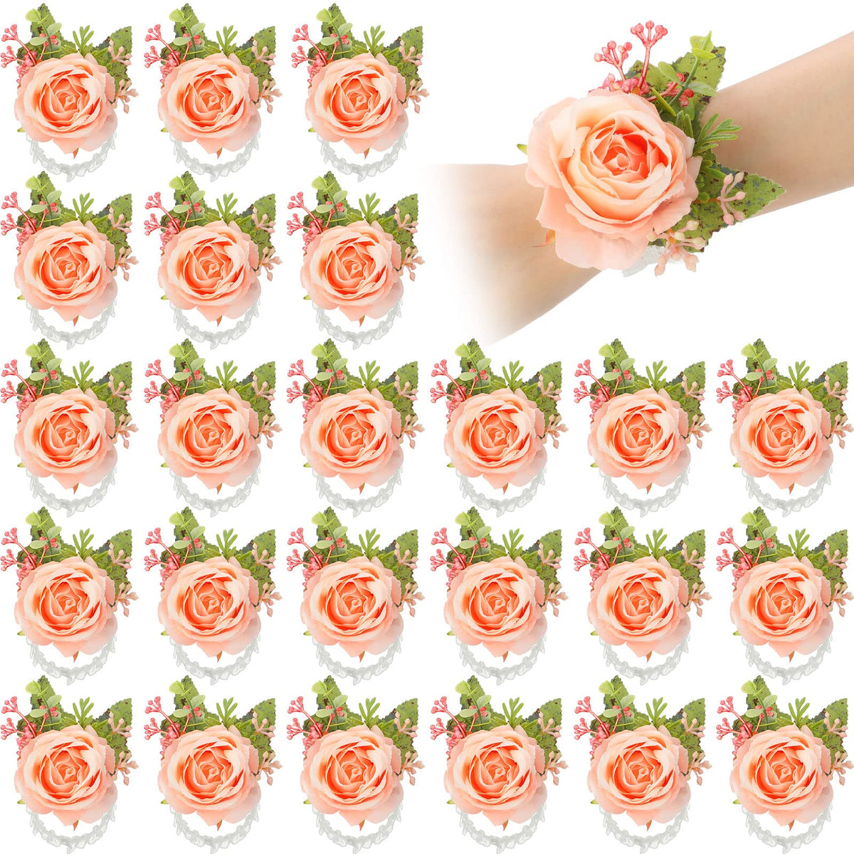 Sherr pink rose wrist corsage close-up for weddings and bridesmaids