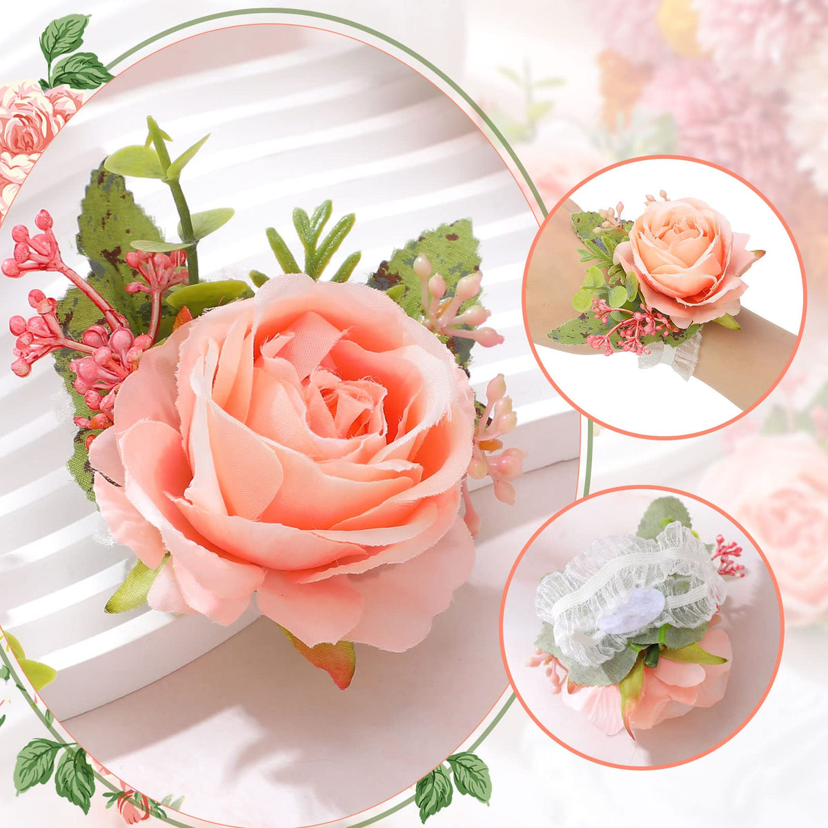 Sherr wrist corsage pink detail with silk petals and greenery for events