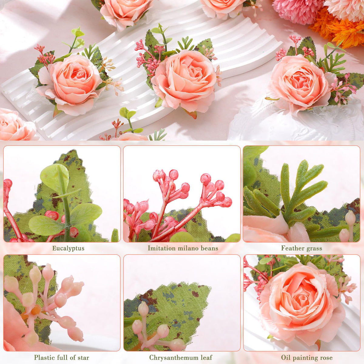 Sherr pink wrist corsage set for a coordinated wedding look
