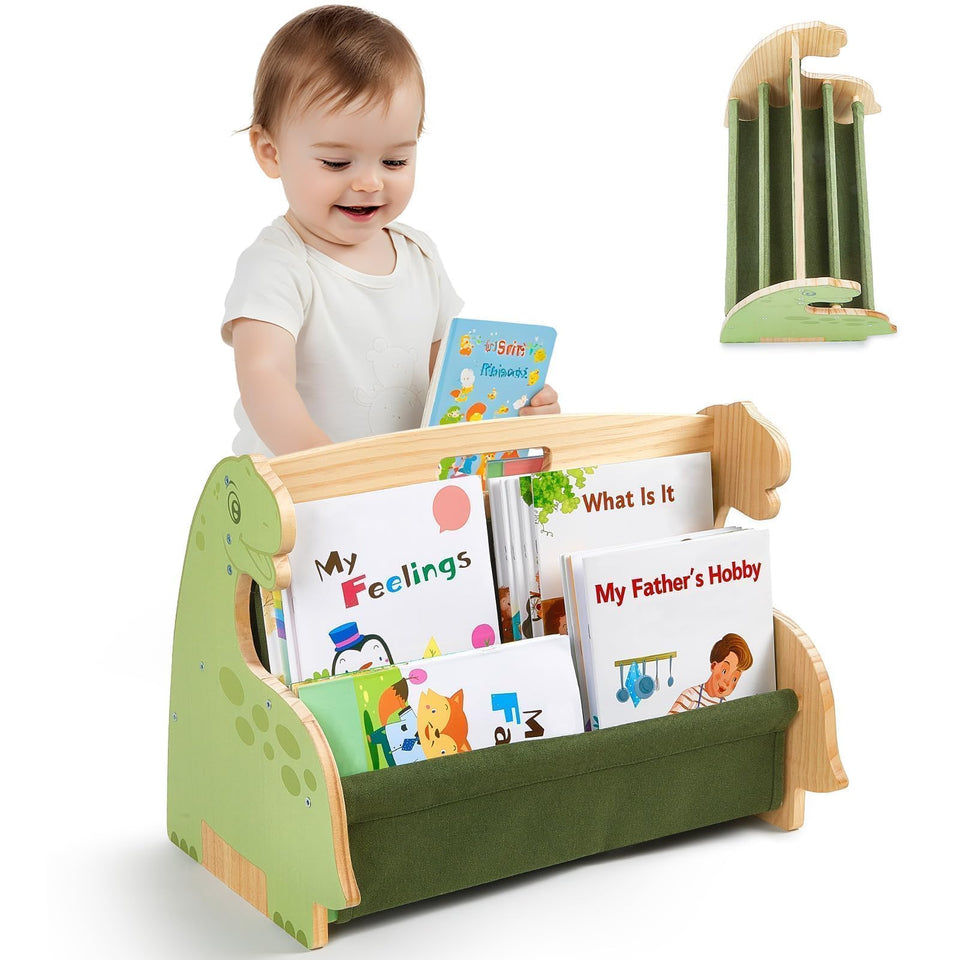 SheSeek toddler bookshelf double-sided with deep sleeves for easy access to books.
