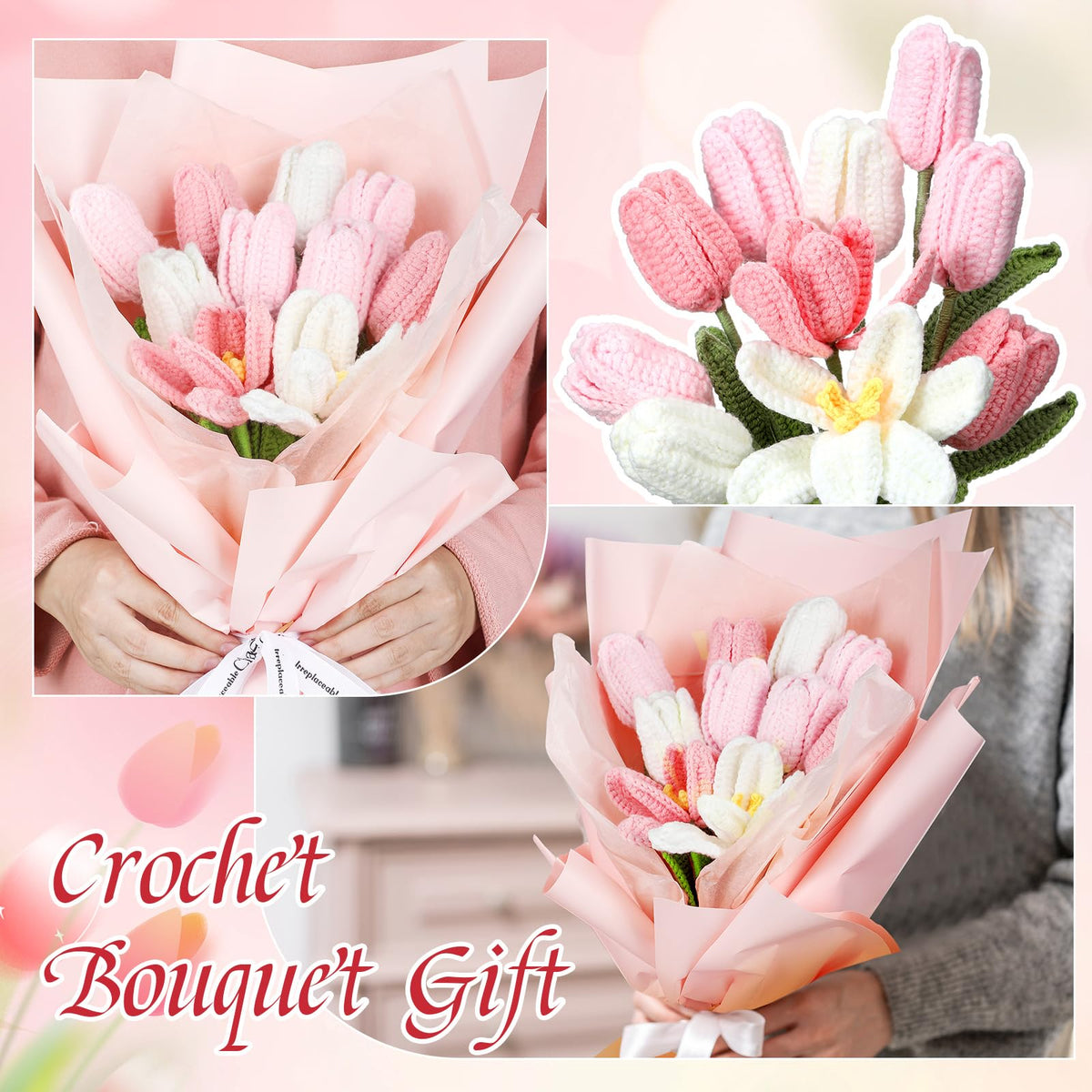 Shihanee tulip crochet flowers are allergen-free with odor-free yarn for sensitive spaces.