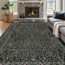 Shinefly 8x10 dark green floral rug with easy-care design for living rooms.