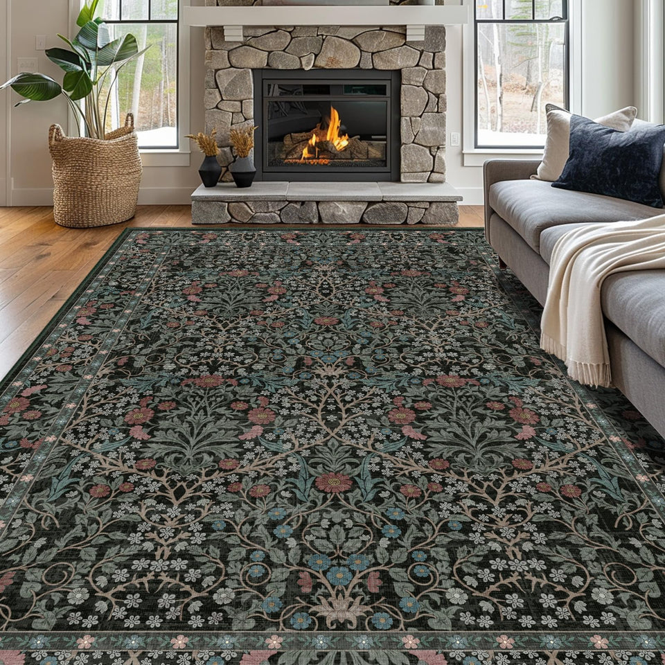 Shinefly 8x10 dark green floral rug with easy-care design for living rooms.