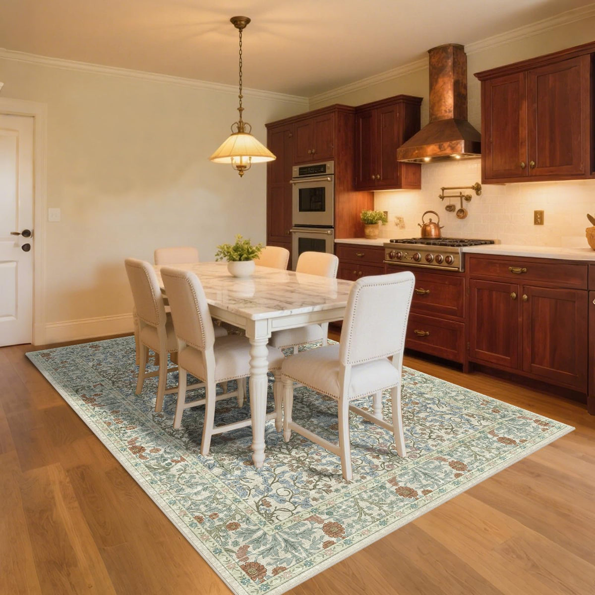 Shinefly Vintage Beige Blue Rug in bedroom creates cozy, quiet underfoot feel.