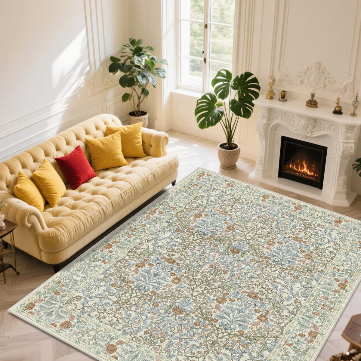 Shinefly Vintage Beige Blue Rug in dining area enhances warmth and under-table protection.