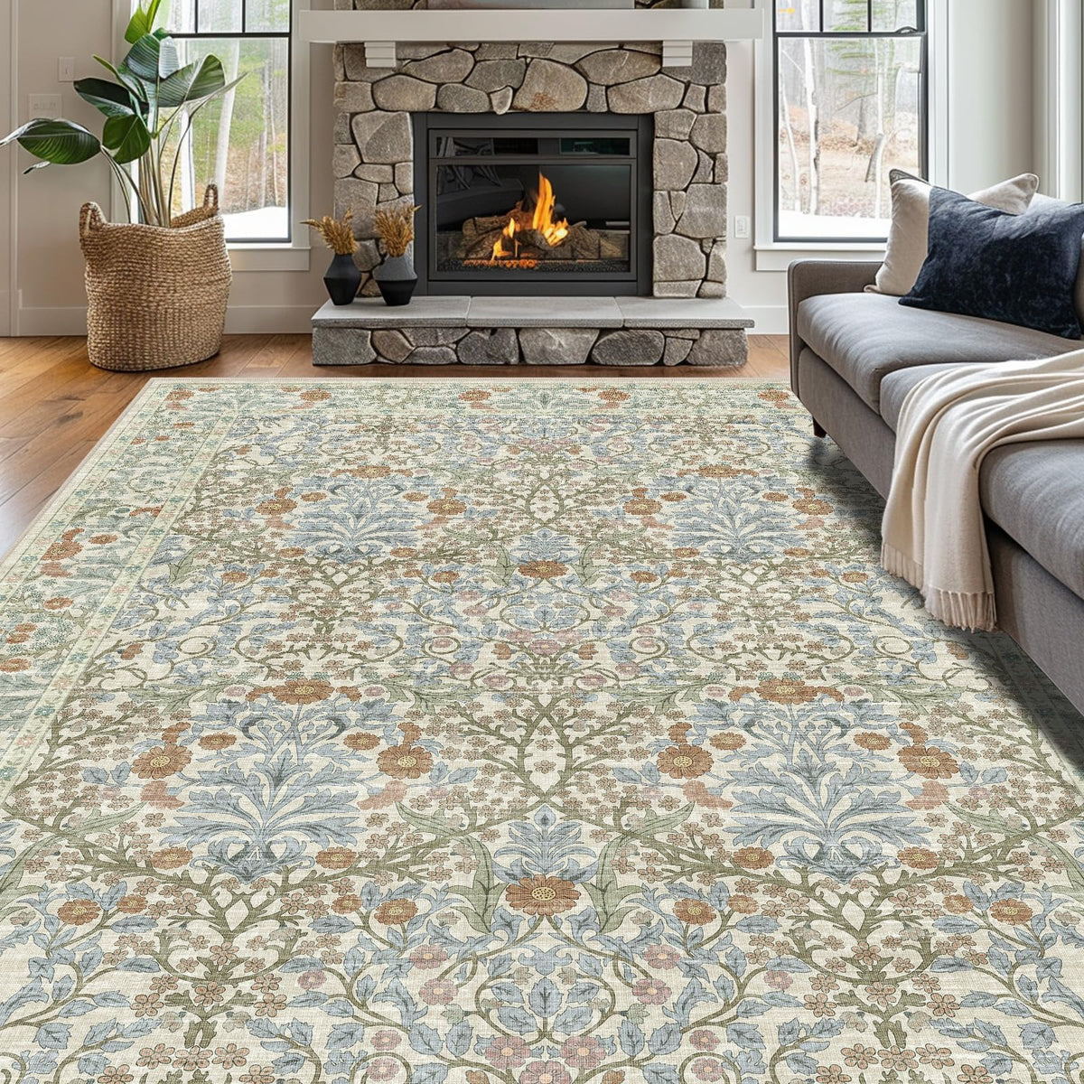 Shinefly Vintage Beige Blue Rug front view showing soft, low-pile comfort for living rooms.