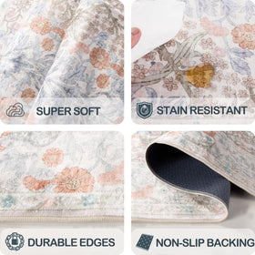 Shinefly Vintage Beige Blue Rug machine-washable for easy weekly cleaning.