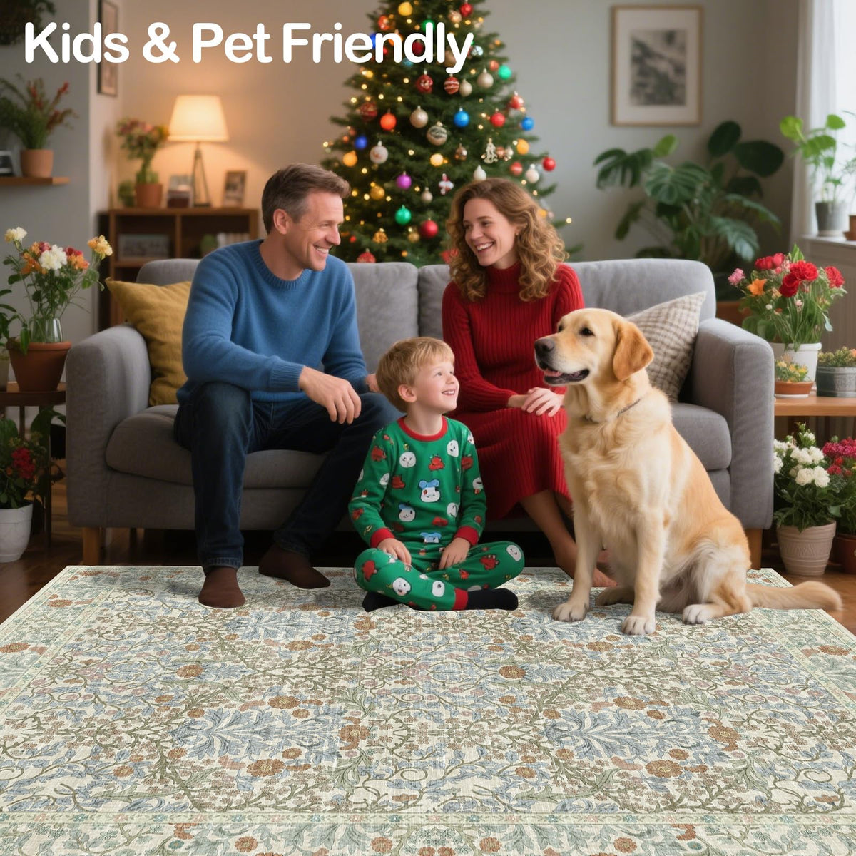 Shinefly Vintage Beige Blue Rug with non-slip backing stays in place on smooth floors.