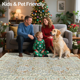 Shinefly Vintage Beige Blue Rug with non-slip backing stays in place on smooth floors.