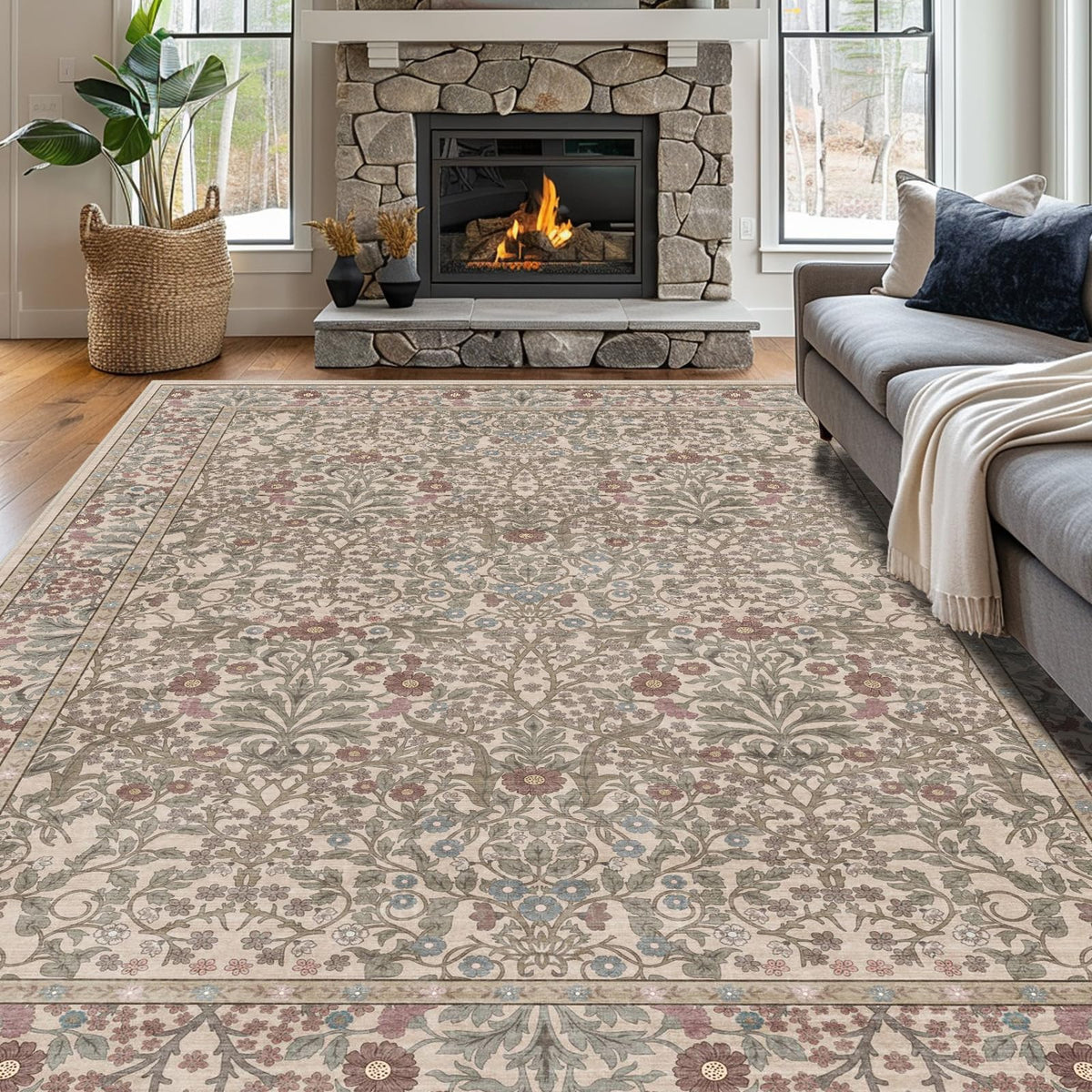 Shinefly Vintage Moss Living Room Rug 8x10 enhances living spaces with timeless floral artistry for elegant everyday living