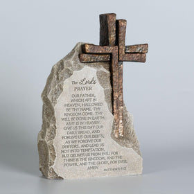 Weathered resin stone with Lord's Prayer text for home or office.