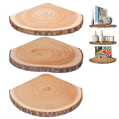 ShineZoom corner floating shelves in wood with natural edge for stylish storage