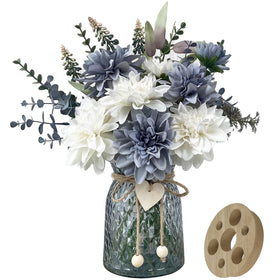 SHINFHOMF fake flowers in vase with blue and white dahlias for lasting color.