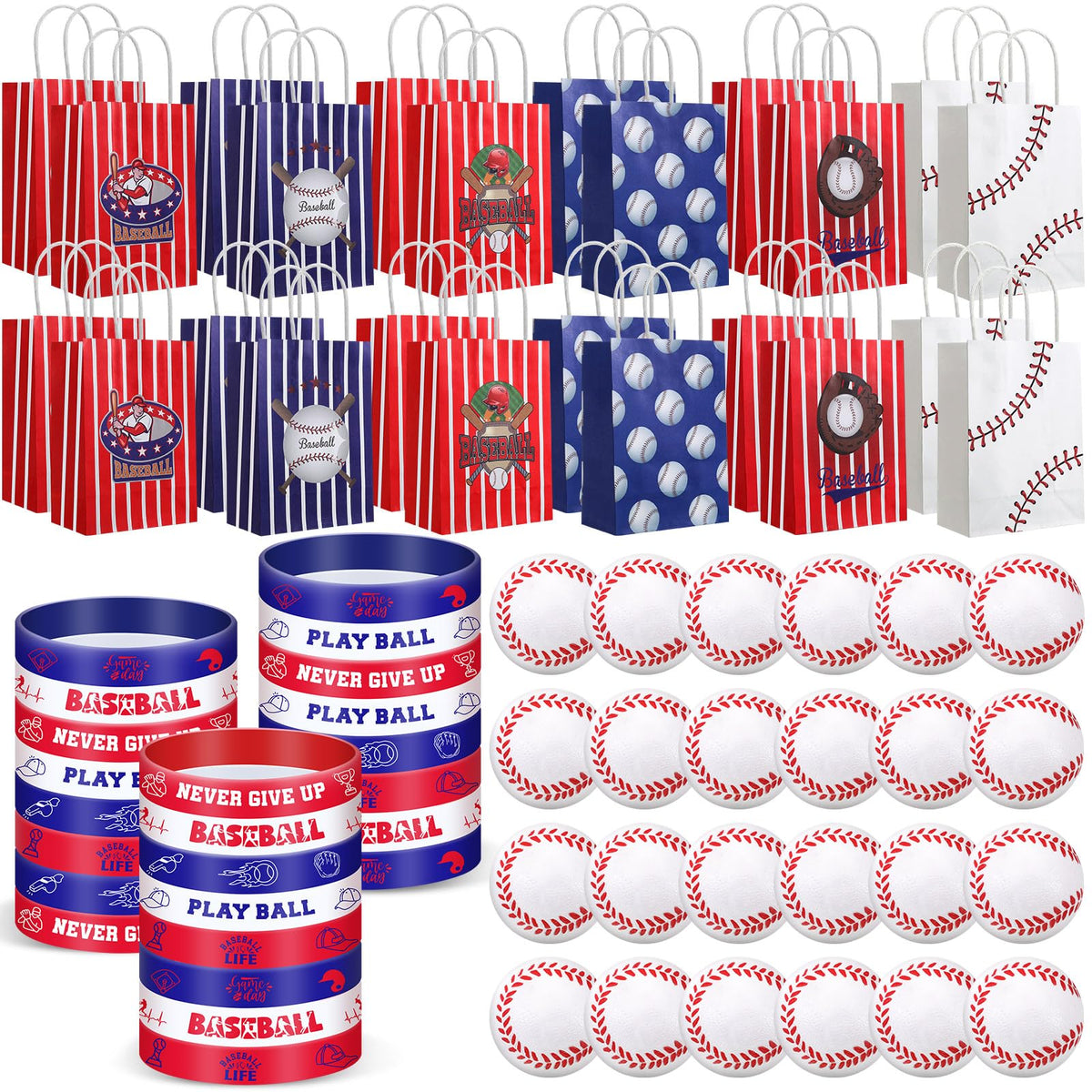 ShinyRelief baseball bracelets with colorful patterns for a fun party look.