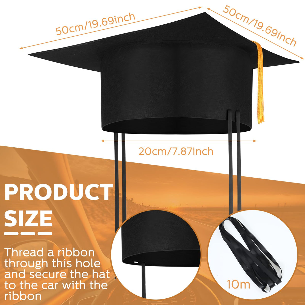 ShinyRelief black graduation cap car decoration with yellow tassel for parade-ready celebrations.