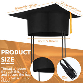 ShinyRelief black graduation cap car decoration with yellow tassel for parade-ready celebrations.