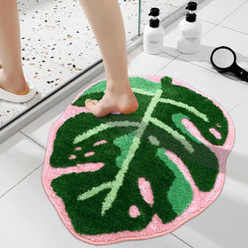 Sisher Leaf Rug Monstera bath mat close-up showing plush pile for foot comfort.