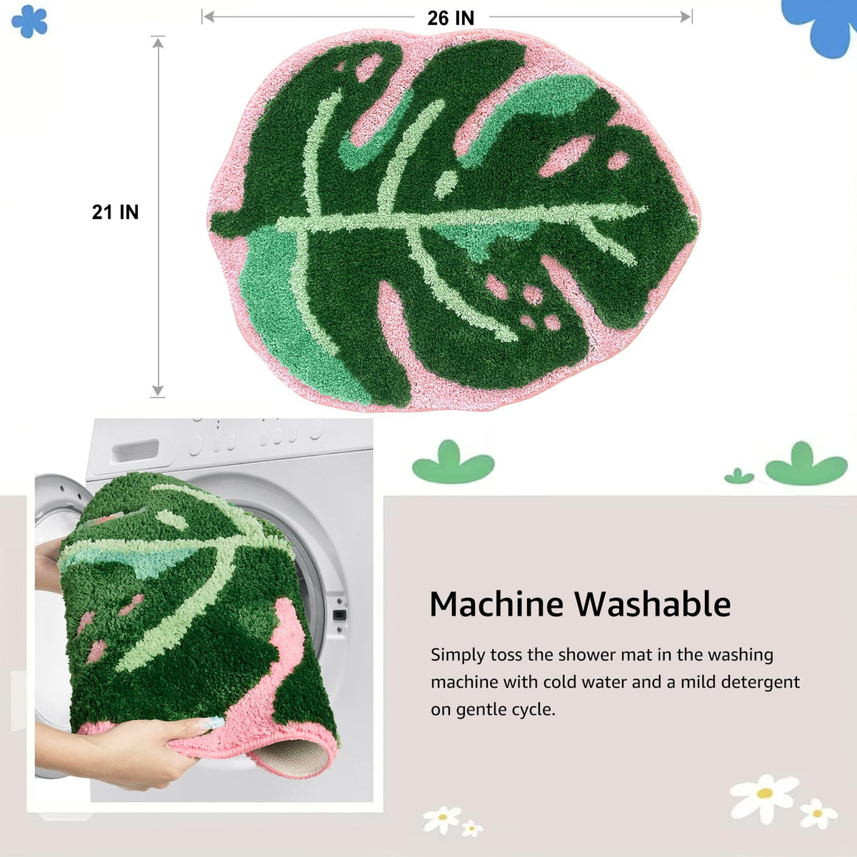 Sisher Leaf Rug Monstera bath mat machine-washable for easy care and color maintenance.