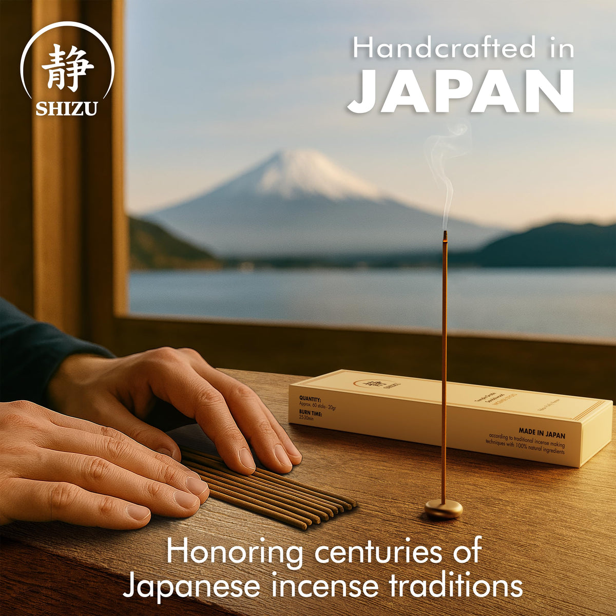 Shizu coreless Japanese-style incense delivers gentle fragrance.