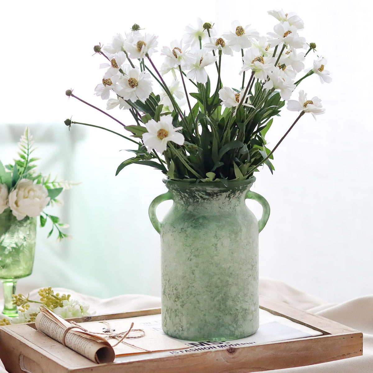 SHMILMH glass vase with handles, side view, complements farmhouse decor beautifully.
