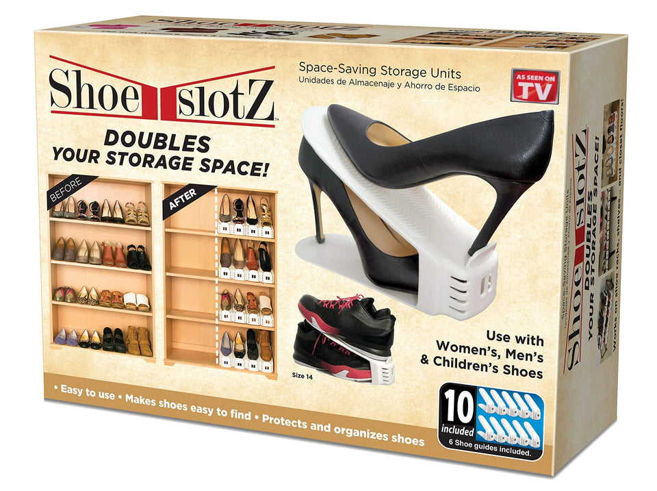Shoe Slotz ivory on a shelf demonstrates space-saving organization.