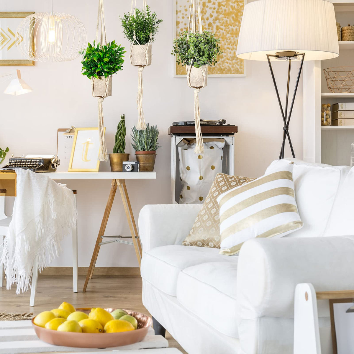 Shohayto artificial eucalyptus in a macrame hanger creates a natural focal point without watering.
