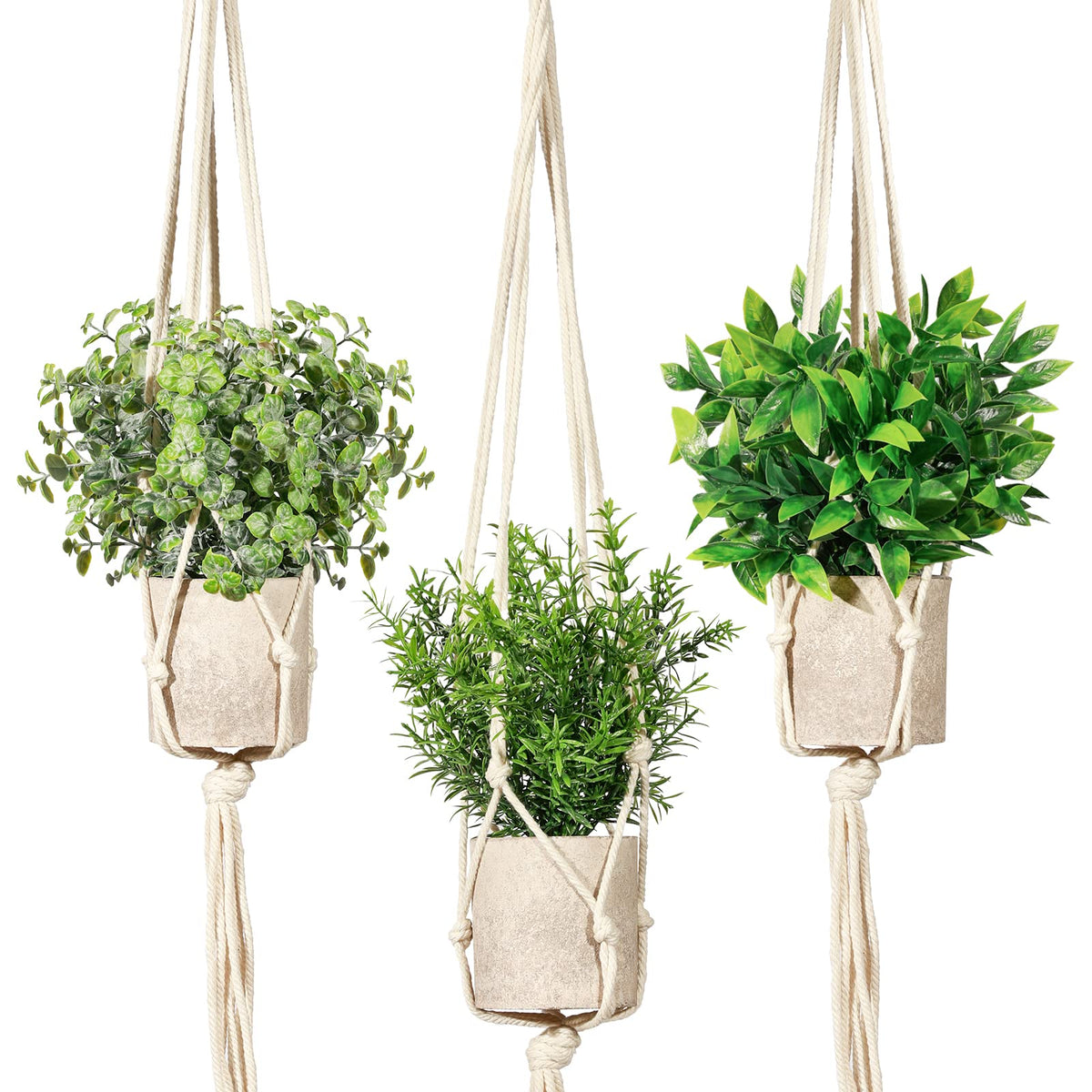 Shohayto three-pack artificial plants in macrame hangers add low-maintenance greenery to shelves.