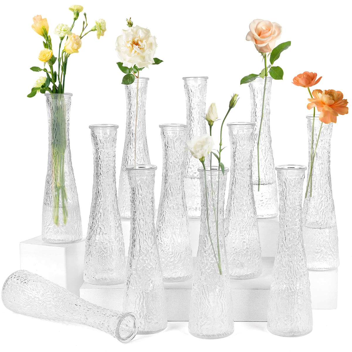 SHOHAYTO glass bud vase with clear ribbed design for wedding centerpieces.
