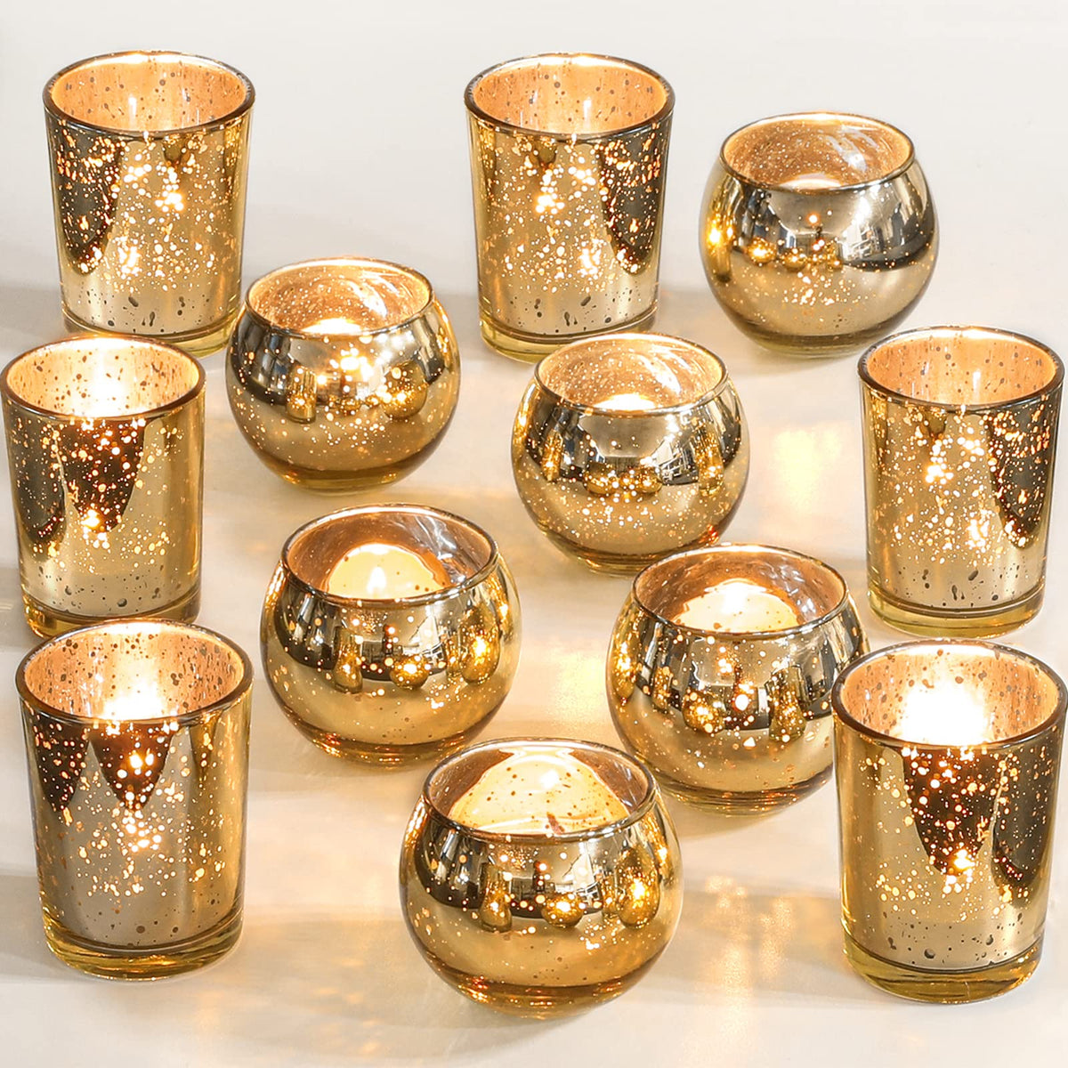 SHOHAYTO gold mercury glass votive round holder enhances wedding centerpieces with a warm glow.