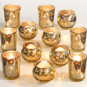 SHOHAYTO gold mercury glass votive round holder enhances wedding centerpieces with a warm glow.