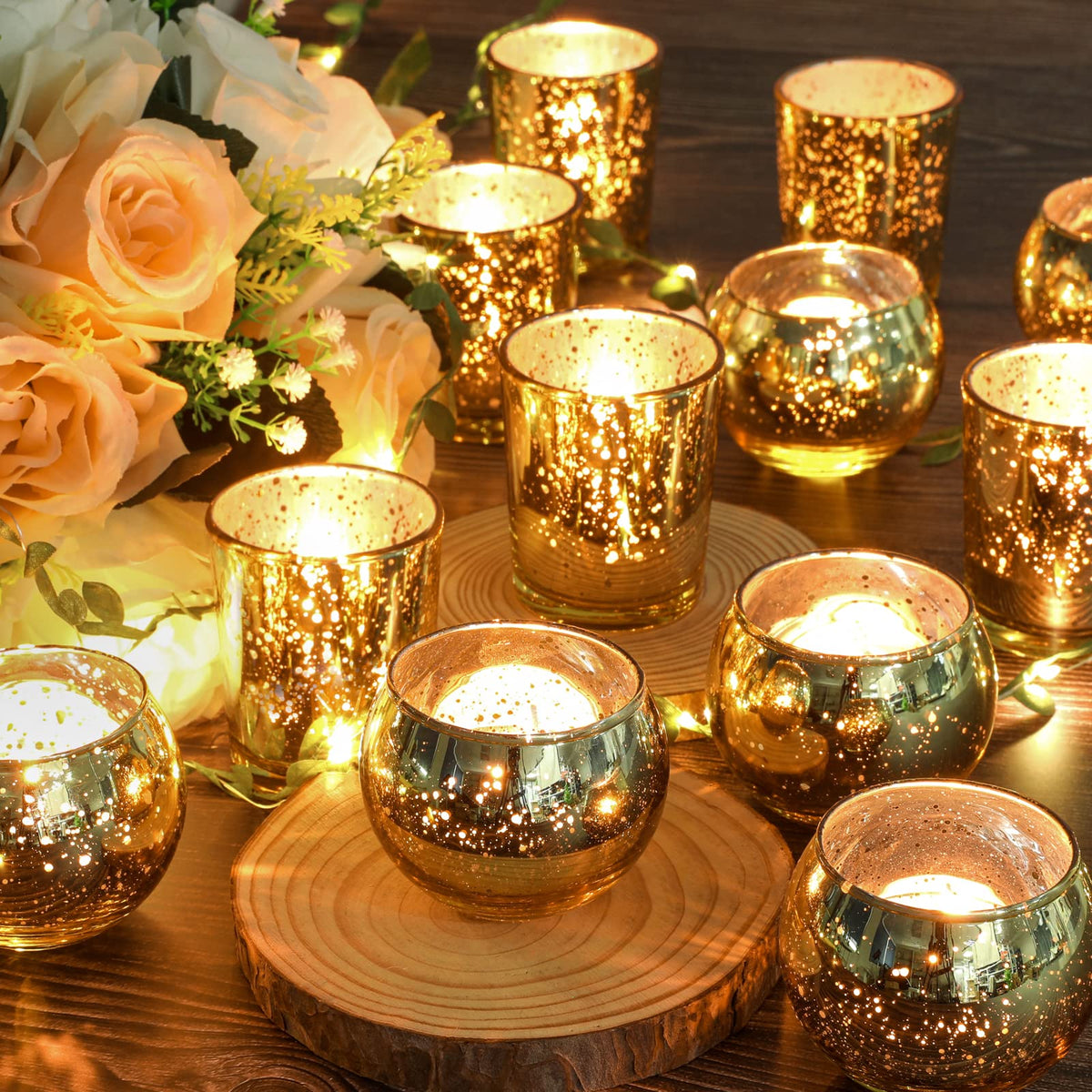 SHOHAYTO gold mercury glass votive tea-light holder creates intimate table lighting.