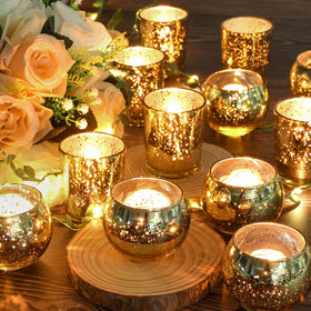 SHOHAYTO gold mercury glass votive tea-light holder creates intimate table lighting.