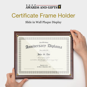 Shop Awards and Gifts acrylic plaque with slide-in design enables quick certificate swaps.
