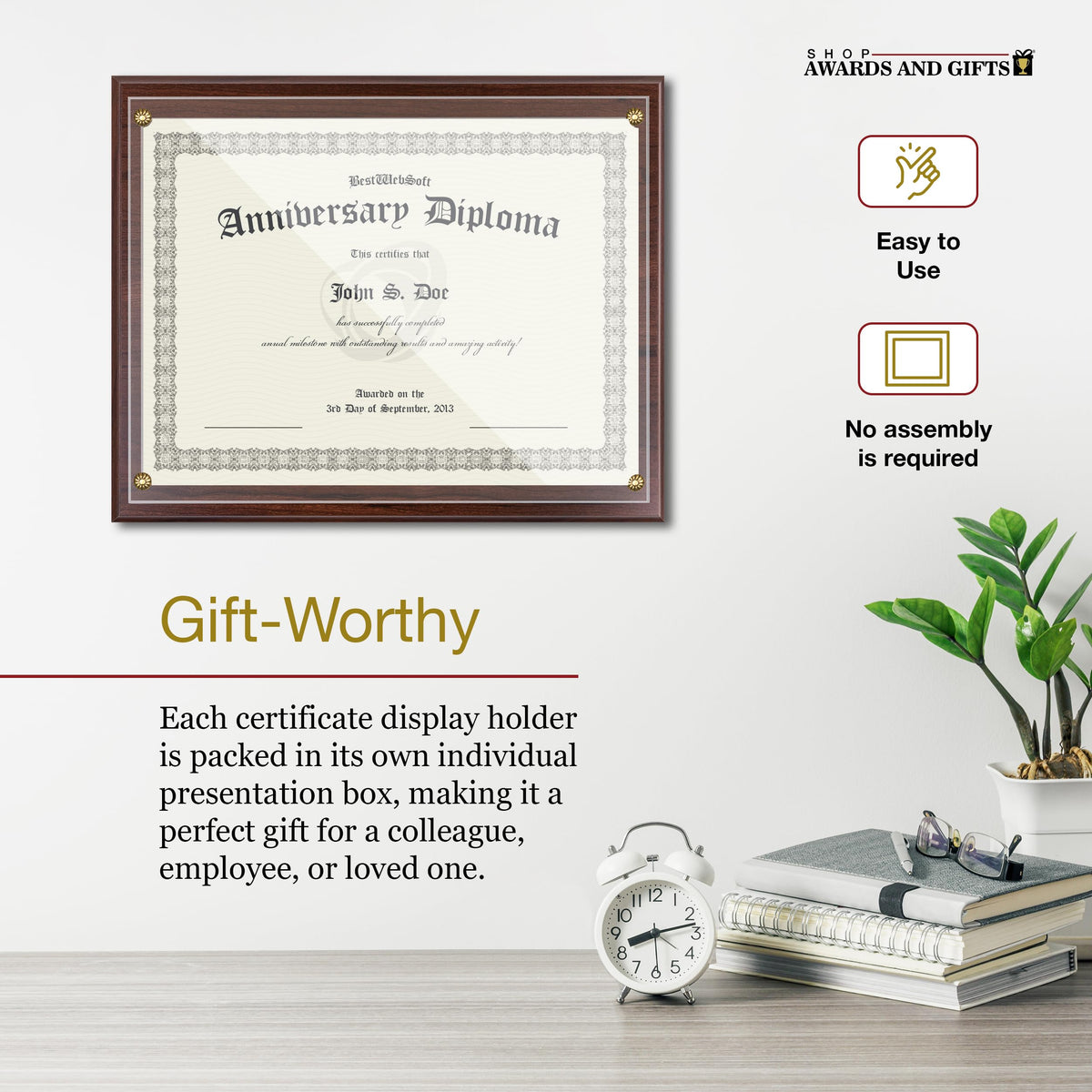 Shop Awards and Gifts presentation box protects certificates during travel.