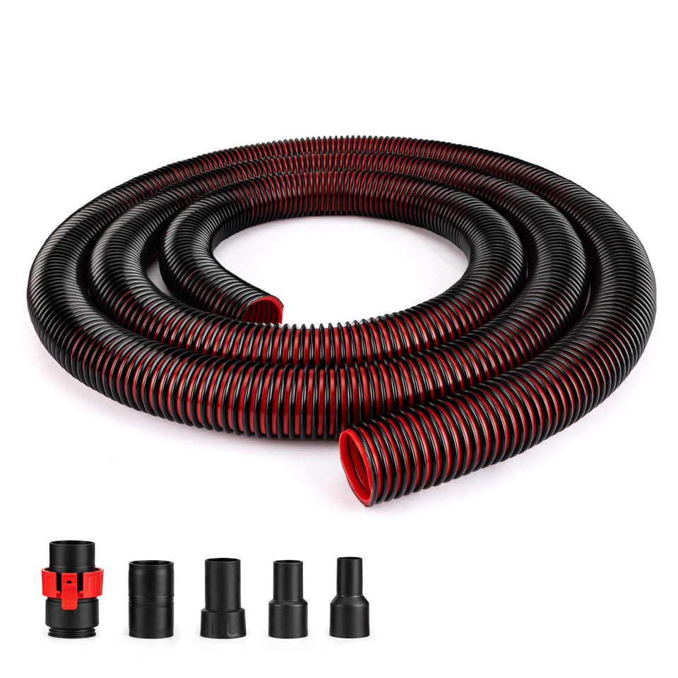 Shop-Vac Premium Universal Hose extended to 12 feet for flexible reach.