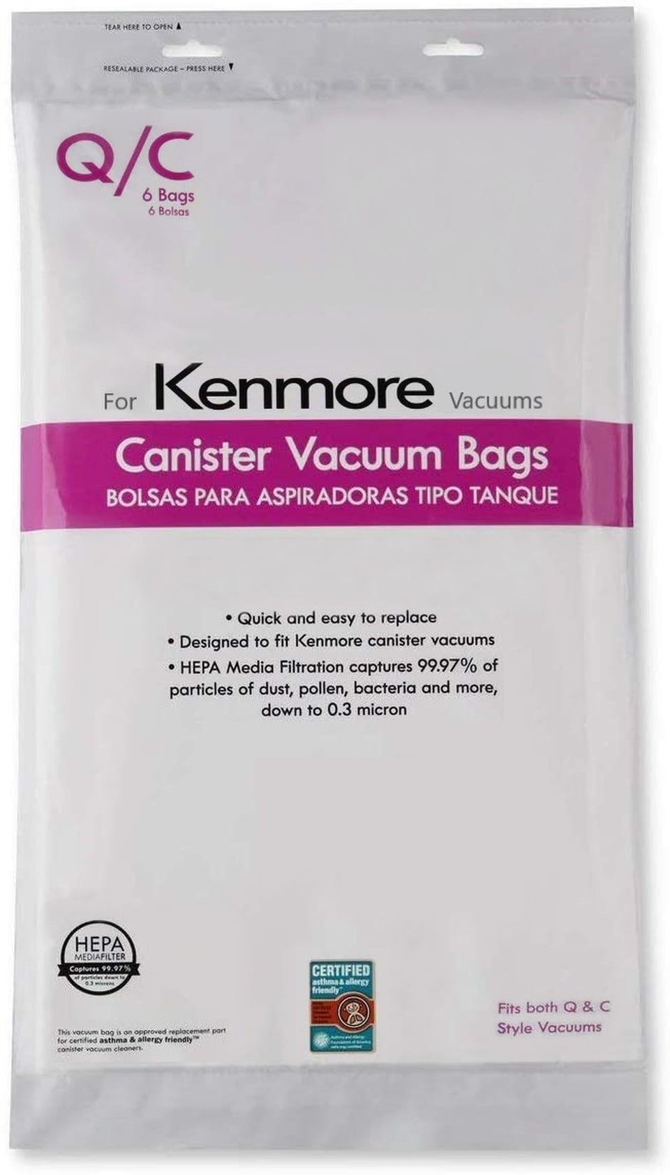 ShoppingOnBed Kenmore QC pack front view — six premium cloth bags for replacement.