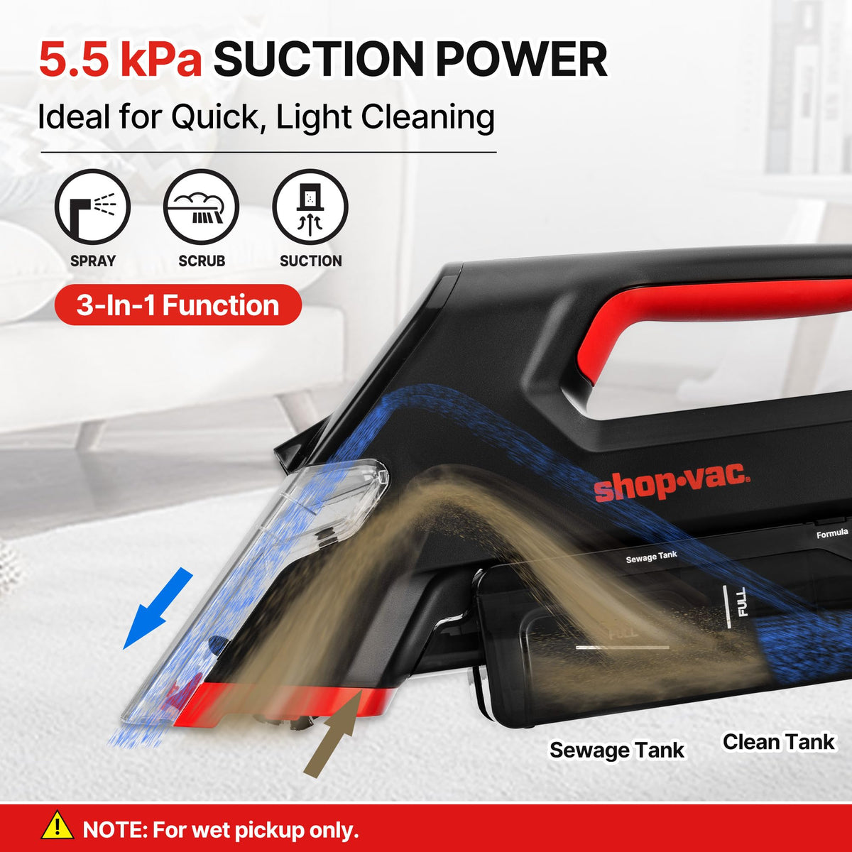 Shop-Vac 3-in-1 spot cleaner shows rolling brush action to lift dirt on fabric