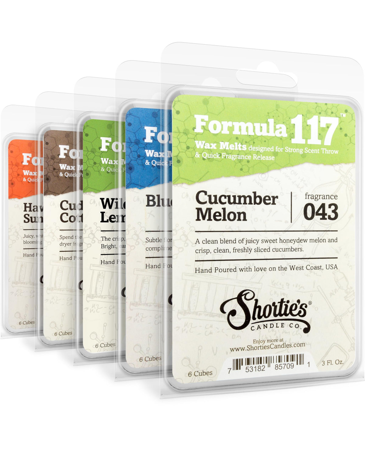 Shortie's Fresh & Clean wax melts 5-pack on display, promising a long-lasting, fresh aroma