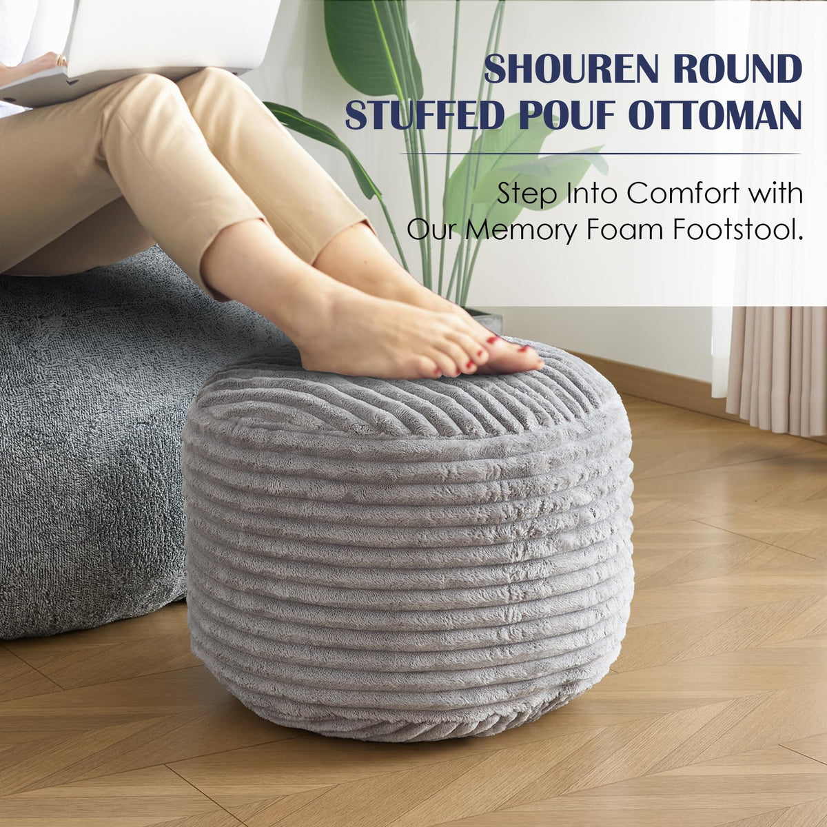 SHOUREN pouf-ottoman serves as a compact side-table.