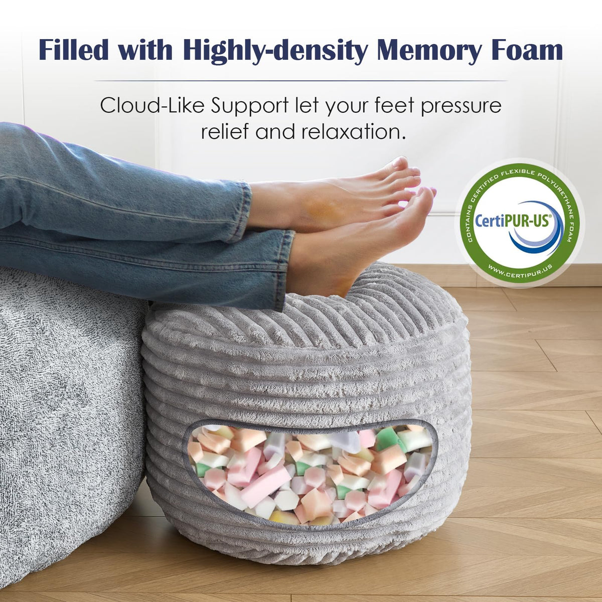 SHOUREN round pouf with tufted design adds stylish support beside the couch.