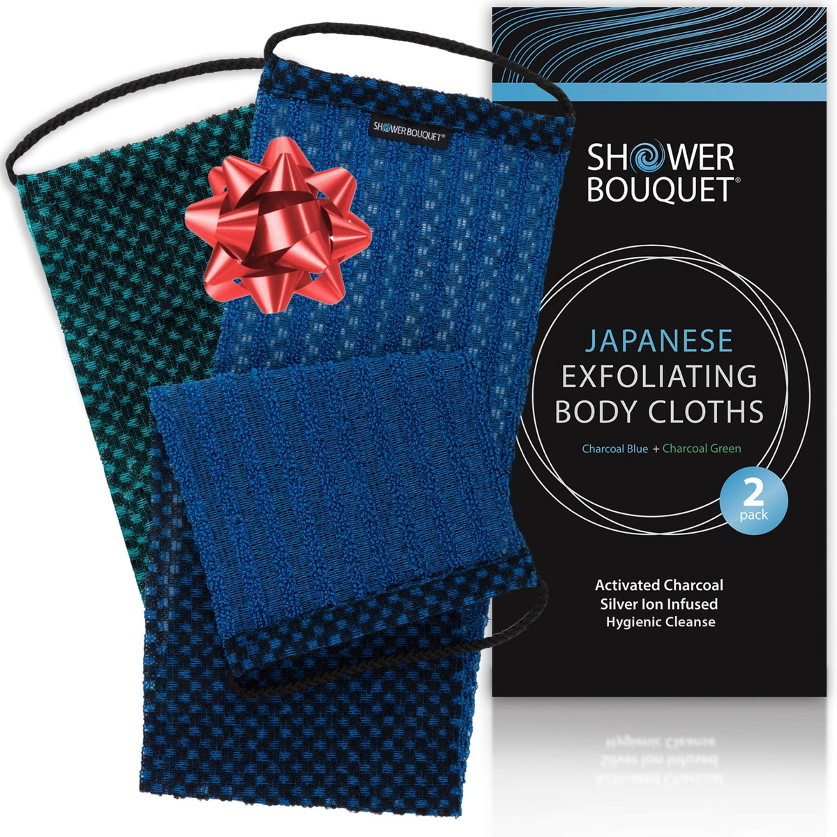 Shower Bouquet charcoal exfoliating washcloth in blue for deep back cleansing