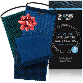 Shower Bouquet charcoal exfoliating washcloth in blue for deep back cleansing
