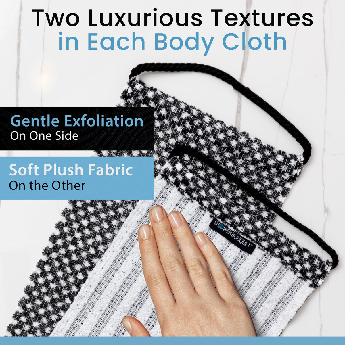 Shower Bouquet soft plush side provides gentle cleaning for sensitive areas.